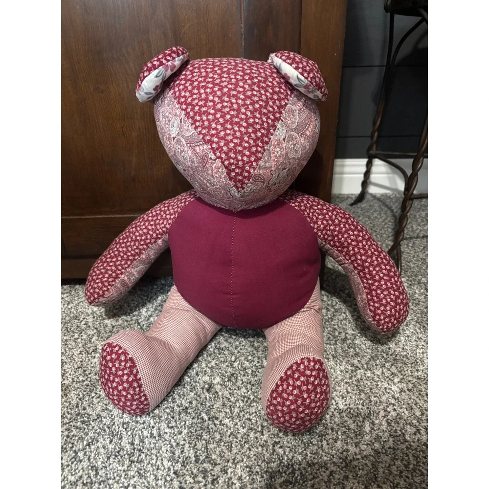 Vintage Handmade Patchwork Teddy Bear Burgundy Floral Paisley Gingham Plush 15